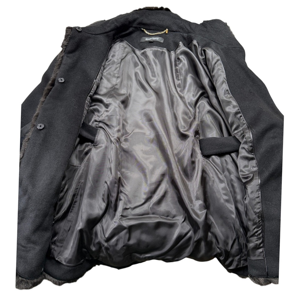 Ellen Tracy Wool Blend Faux Fur Trim Belted Poncho Cape Coat Black M Winter Glam - Picture 16 of 16